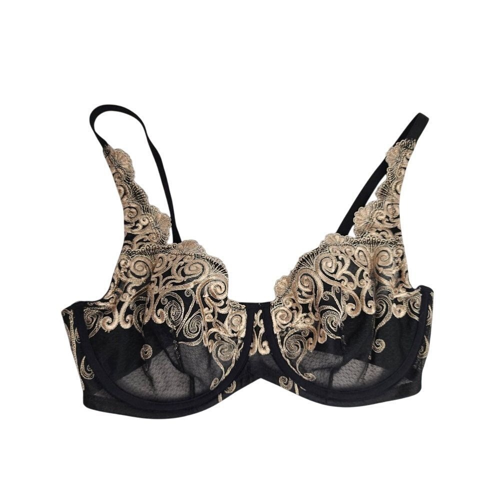 Soma Unlined Bra Women 34D Black Gold Scroll Embroidered Sensuous Sides Bra